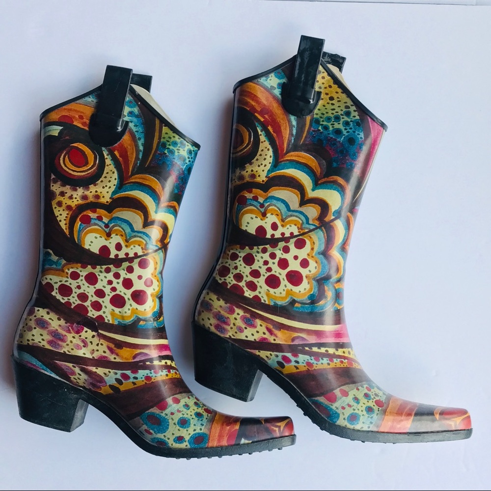Madeline colorful artsy cowboy rain boots Sz 9
